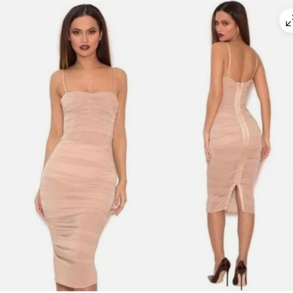 House of CB Wonmen Railea Nude Taupe Corset Ruched Midi Sheer Chiffon Dress